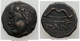 CIMMERIAN BOSPORUS. Panticapaeum. Ca. 304-250 BC. AE (18mm, 4.54 gm, 1h). VF. Head of young Pan left, crowned with ivy / ΠAN, bow above arrow to right...