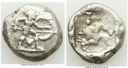 PAMPHYLIA. Aspendus. Ca. mid-5th century BC. AR stater (21mm, 10.97 gm, 9h). VF. Helmeted hoplite warrior advancing right, shield in left hand, spear ...