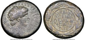 JUDAEA. Herodians. Agrippa II (AD 49-95). AE (18mm, 12h). NGC Fine. Caesarea Paneas/Neronias. NEPΩN KAIΣAP-ΣEBAΣTOY, laureate bust of Nero right / EΠI...