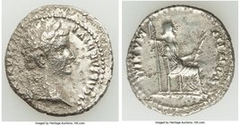 Tiberius (AD 14-37). AR denarius (18mm, 3.59 gm, 11h). XF, horn silver, pitting. Lugdunum. TI CAESAR DIVI-AVG F AVGVSTVS, laureate head of Tiberius ri...