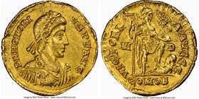 Honorius, Western Roman Empire (AD 393-423). AV solidus (21mm, 4.36 gm, 11h). NGC AU 5/5 - 2/5, scuffs. Milan, AD 395-402. D N HONORI-VS P F AVG, pear...