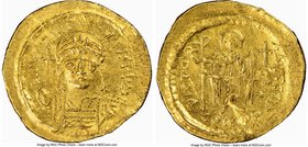 Justinian I the Great (AD 527-565). AV solidus (21mm, 4.33 gm, 6h). NGC AU 5/5 - 3/5, clipped, scuff. Constantinople, 4th officina. D N IVSTINI-ANVS P...