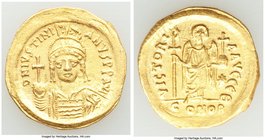 Justinian I the Great (AD 527-565). AV solidus (21mm, 4.49 gm, 6h). AU, graffito. Constantinople, 9th officina. D N IVSTINI-ANVS PP AVI, cuirassed bus...