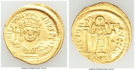 Justinian I the Great (AD 527-565). AV solidus (20mm, 4.48 gm, 6h). AU, edge filing. Constantinople, 10th officina. D N IVSTINI-ANVS PP AVI, cuirassed...