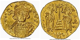 Constantine IV Pogonatus (AD 668-685). AV solidus (21mm, 4.31 gm, 5h). NGC Choice AU 4/5 - 3/5, lt. graffito, clipped. Constantinople, 10th officina, ...