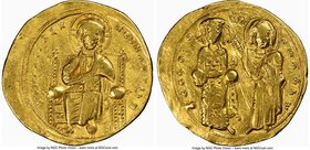 Romanus III Argyrus (AD 1028-1034). AV histamenon nomisma (24mm, 4.33 gm, 6h). NGC VF 5/5 - 4/5. Constantinople. +IhS XIS RЄX-RЄSNANTInm, Christ enthr...