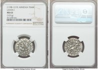 Cilician Armenia. Levon I Tram ND (1198-1219) MS63 NGC, 22mm. 3.01gm. Levon seated facing on throne ornamented with lions, holding lis and cross / Two...