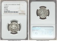 Cilician Armenia. Levon I Tram ND (1198-1219) MS62 NGC, 22mm. 2.90gm. Levon seated facing on throne ornamented with lions, holding lis and cross / Two...