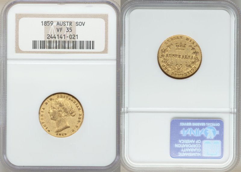 Victoria gold Sovereign 1859-SYDNEY VF35 NGC, Sydney mint, KM4. AGW 0.2353 oz. 
...