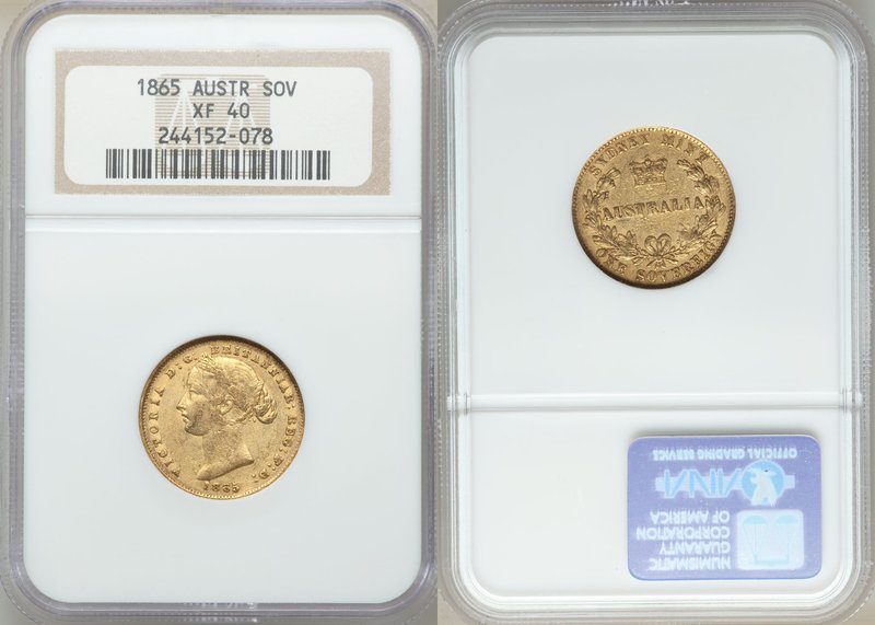 Victoria gold Sovereign 1865-SYDNEY XF40 NGC, Sydney mint, KM4. AGW 0.2353 oz. 
...