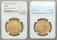 Maria I & Pedro III gold 6400 Reis 1778-R AU55 NGC, Rio de Janeiro mint, KM199.2. Lustrous with orange toning at peripheries. Ex. Santa Cruz Collectio...
