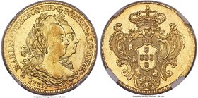 Maria I & Pedro III gold 6400 Reis 1779-R AU55 NGC, Rio de Janeiro mint, KM199.2. An abundance of scintillating cartwheel luster graces the planchet o...