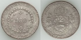 Pedro I 960 Reis 1824 VF, KM368.1 or KM368.2 (mintmark unclear). Struck over 8 Reales 1821 LM-JP. 

HID09801242017