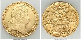 British Colony. João V gold Contemporary Counterfeit 6400 Reis 1735-B XF (graffiti), Bahia mint. 28.9mm. 12.33gm. Gold 6400 Reis of Brazil, trimmed an...