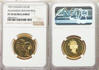 Elizabeth II gold Proof 100 Dollars 1997 PR70 Ultra Cameo NGC, Royal Canadian Mint, KM287. Alexander Graham Bell commemorative. AGW 0.2500 oz. 

HID09...