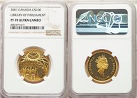 Elizabeth II gold Proof 100 Dollars 2001 PR70 Ultra Cameo NGC, Royal Canadian Mint, KM416. Library of Parliament commemorative. AGW 0.2500 oz. 

HID09...