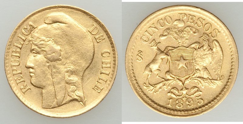 Republic gold 5 Pesos 1895-So UNC (graffiti), Santiago mint, KM153. 17mm. 2.88gm...
