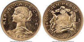 Republic gold 100 Pesos 1962 MS65 NGC, Santiago mint, KM175. AGW 0.5885 oz. 

HID09801242017