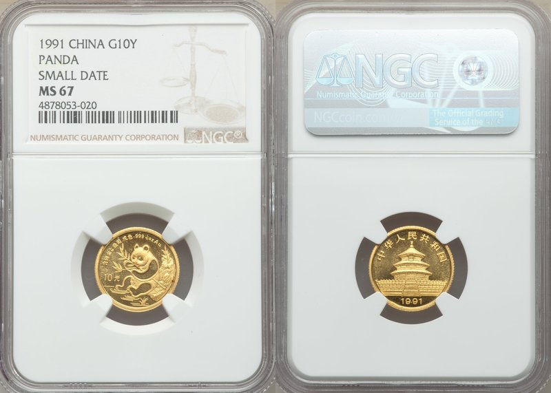 People's Republic gold Panda 10 Yuan (1/10 oz) 1991 MS67 NGC, KM347.

HID0980124...