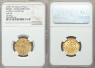 Chios. Anonymous gold Imitative Ducat ND (1343-1354) AU55 NGC, Fr-1221. 3.49gm. Imitating a gold Ducat of Andrea Dandolo. St. Mark standing right, ble...