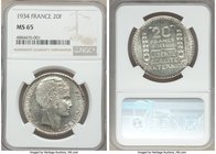Republic Pair of Certified 20 Francs NGC, 1) 20 Francs 1934 - MS65, KM879 2) 20 Francs 1938 - MS63, KM879 Sold as is, no returns. 

HID09801242017