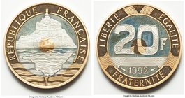 Republic bi-metallic gold & silver Proof 20 Francs 1992, Paris mint, KM1008.2a (listed as tri-metallic). Mintage: 15,000. 27mm. 12.66gm. 

HID09801242...