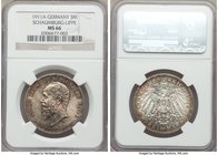 Schaumburg-Lippe. Albrecht Georg 3 Mark 1911-A MS66 NGC, Berlin mint, KM55. Issued for the death of Prince George. Pastel rose combined with smoky gra...