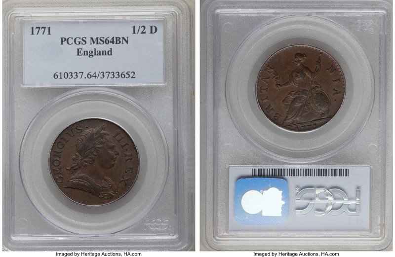 George III 1/2 Penny 1771 MS64 Brown PCGS, KM601. Toasted hickory color with eve...
