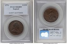 George III 1/2 Penny 1771 MS64 Brown PCGS, KM601. Toasted hickory color with ever so light gold highlights and subdued luster. 

HID09801242017
