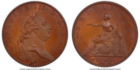 George III bronzed Proof Pattern Restrike 1/2 Penny 1790 PR66 PCGS, Peck-990. Pattern restrike in copper. By Droz. Flat unpolished surfaces almost mat...