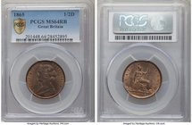 Victoria 1/2 Penny 1865 MS64 Red and Brown PCGS, KM748.2, S-3956. Exceptional strike with full detail attractive combination of red and brown color an...