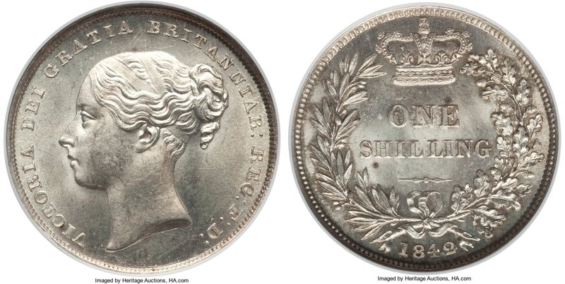 Victoria Shilling 1842 MS64 NGC, KM734.1, S-3904. Possessing much more eye appea...