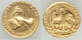 Republic gold 1/2 Escudo 1863/57 Mo-CH/GF AU (polished), Mexico City mint, KM378.5. 13.6mm. 1.70gm. AGW 0.0475 oz. 

HID09801242017