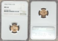 Republic gold 5 Soles 1963 MS64 NGC, Lima mint, KM235. Mintage: 3,945. AGW 0.0677 oz. 

HID09801242017