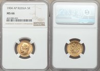 Nicholas II gold 5 Roubles 1904-AP MS66 NGC, St. Petersburg mint, KM-Y62.

HID09801242017