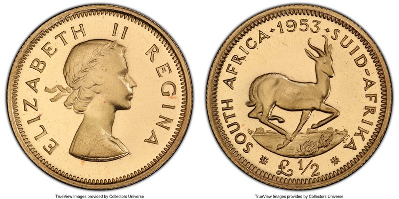 Elizabeth II Pair of Certified gold Proof Pounds PCGS, 1) 1/2 Pound 1953 - PR67 ...