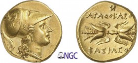 2-Italie - Sicile - Syracuse
 Agathoclès - (317-289)
 Double décadrachme d’or ou 100 Litrae or - (295-289)
 Av. : Tête casquée d’Athéna à droite.
...