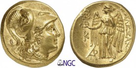 4-Grèce - Royaume de Macédoine
 Alexandre III (336-323)
 Statère d'or - Callatis.
 Av. : Tête casquée d'Athéna à droite.
 Rv. : La Victoire debout...