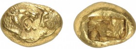 19-Asie Mineure - Lydie
 Crésus (561-546)
 Statère d’or - Sardes (505-500)
 Av. : Protomés d’un lion et d’un taureau s’affrontant.
 Rv. : Deux car...