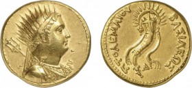 24-Afrique - Lagide
 Ptolémée IV (221-205)
 Octodrachme au nom de Ptolémée III - Alexandrie
 Av. : Buste déifié à droite de Ptolémée III.
 Rv. : U...