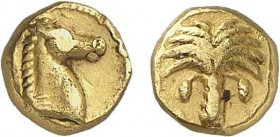 27-Afrique - Zeugitane - Carthage
 1/10ème de statère or - (350-320)
 Av. : Palmier-dattier.
 Rv. : Tête de cheval à droite.
 Usure sur les relief...