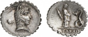 29-L. Roscius Fabatus
 Denier serratus - Rome (64)
 Av. : Tête de Junon Sospita à droite.
 Rv. : Femme et serpent face à face, à l'exergue FABATI....