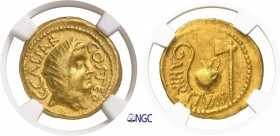 31-Jules César (100-44)
 A. Hirtius - Aureus - Rome (46)
 Av. : Tête de César voilée à droite.
 Rv. : Bâton d'augure, vase à sacrifice et hache.
 ...
