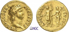 39-Néron (54-68)
 Aureus - Rome (64-68)
 Av. : Tête laurée de Néron à droite.
 Rv. : Néron tête radiée debout à gauche tenant un sceptre et une
 p...
