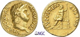40-Néron (54-68)
 Aureus - Rome (65-68)
 Av. : Tête laurée de Néron à droite.
 Rv. : Jupiter assis à gauche, tenant un foudre et un sceptre.
 Magn...