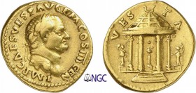 41-Vespasien (69-79)
 Aureus - Rome (73)
 Av. : Tête laurée de Vespasien à droite.
 Rv. : Temple de Vesta.
 Exemplaire de la collection Etienne Pa...