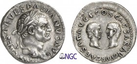 42-Vespasien (69-79)
 Denier - Rome (70)
 Av. : Tête laurée de Vespasien à droite.
 Rv. : Têtes nues de Titus et Domitien en regard.
 Rare et magn...