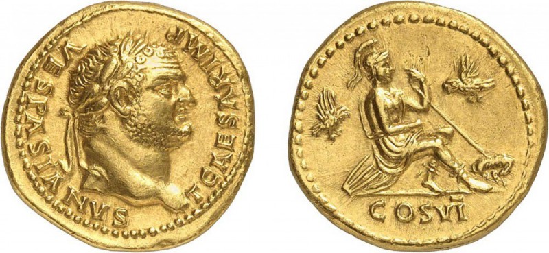 43-Titus (79-81)
Aureus - Rome (77-78)
Av. : Tête laurée de Titus à droite.
R...