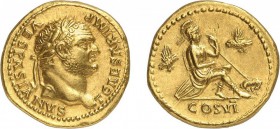 43-Titus (79-81)
Aureus - Rome (77-78)
Av. : Tête laurée de Titus à droite.
Rv. : Rome assise à droite sur un bouclier et tenant une lance ; deux
...