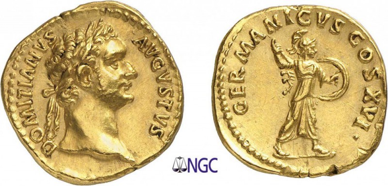 45-Domitien (81-96)
 Aureus - Rome (92-94)
 Av. : Tête laurée de Domitien à dr...